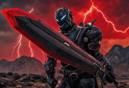 Sci-fi photography depicting a mechanical knight, holding a large luminous greatsword in his hand. He is wearing black armor with silver accented machinery parts exposed in between the massive plates that make the outer hull of his exoskeleton. He is standing on a rocky terrain with mountains in the background. The sky is ominously crimson in color and lightning can be seen within the clouds, there is a hint of blood in the air. The knight is in a dynamic pose with his greatsword raised, looking forward to the dangers lying ahead. The overall mood of the image is intense and powerful.