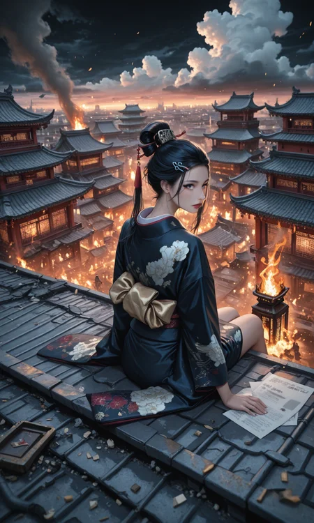 A true still from an award-winning movie, from top, Overhead Shot, side view,
(a beautiful Japanese woman/very beautiful face, very clear face, wearing Jedgs, attire, Messy hair, long hair, black hair, ornate kimono, hairpins, black background, windblown ponytail, bangs, disheveled clothes),
(sitting paralyzed on the rooftop, holding a piece of paper),
(a large number of soldiers/fiery arrows:1.2) gathered downstairs, holding torches and burning down the building, The strong wind messed up the hair, Battle scenes, outdoors, building, fire, smoke, street, burning, destruction, ruins,
(on the Chinese gardens/Chinese architecture, outdoors), very beautiful sky, (elusive cloud layer/Colorful and magnificent clouds), subsurface scattering, atmospheric lighting, imperfections, natural, shallow dof, looking at viewer,
subsurface scattering, atmospheric lighting, imperfections, natural, shallow dof, vibrant colors, action shot,
masterpiece, best quality, good quality, very aesthetic, absurdres, newest, 8K, depth of field,
