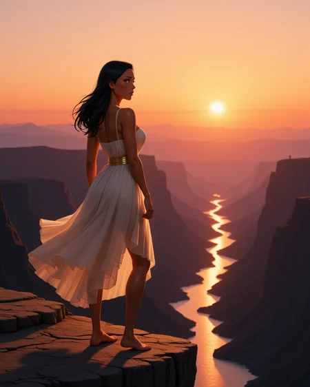 dynamic view, looking at viewer, outdoors daylight, Worried with furrowed brows, a tense mouth, and eyes scanning nervously.
A woman stands on the edge of a cliff at sunrise, watching the first light of the day stretch across the horizon as the world below remains still and quiet. in a dynamic pose
<lora:Disney_-_Pocahontas_v2-000030:1> d-pocahontas a 20 year old adult woman with black eyes, black hair and dark skin. Tulle high-low skirt with a delicate waistband, asymmetrical layers, and a voluminous appearance