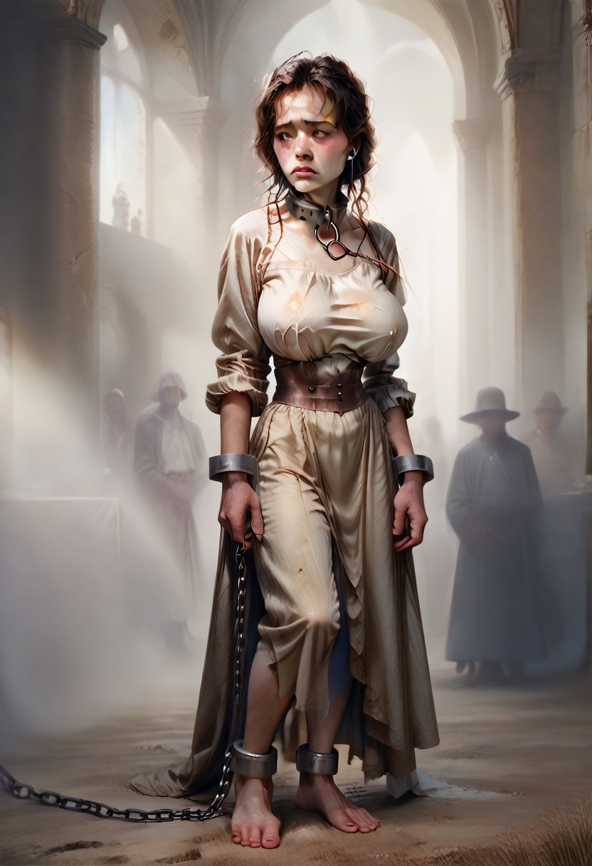 score_9 , score_8_up , score_7_up , very detailed, masterpiece , photo , realistic , bokeh , 1girl ,Guin , shy , blushing, looking away ,large breasts , slave, female, chain, collar, full body view, covered breasts