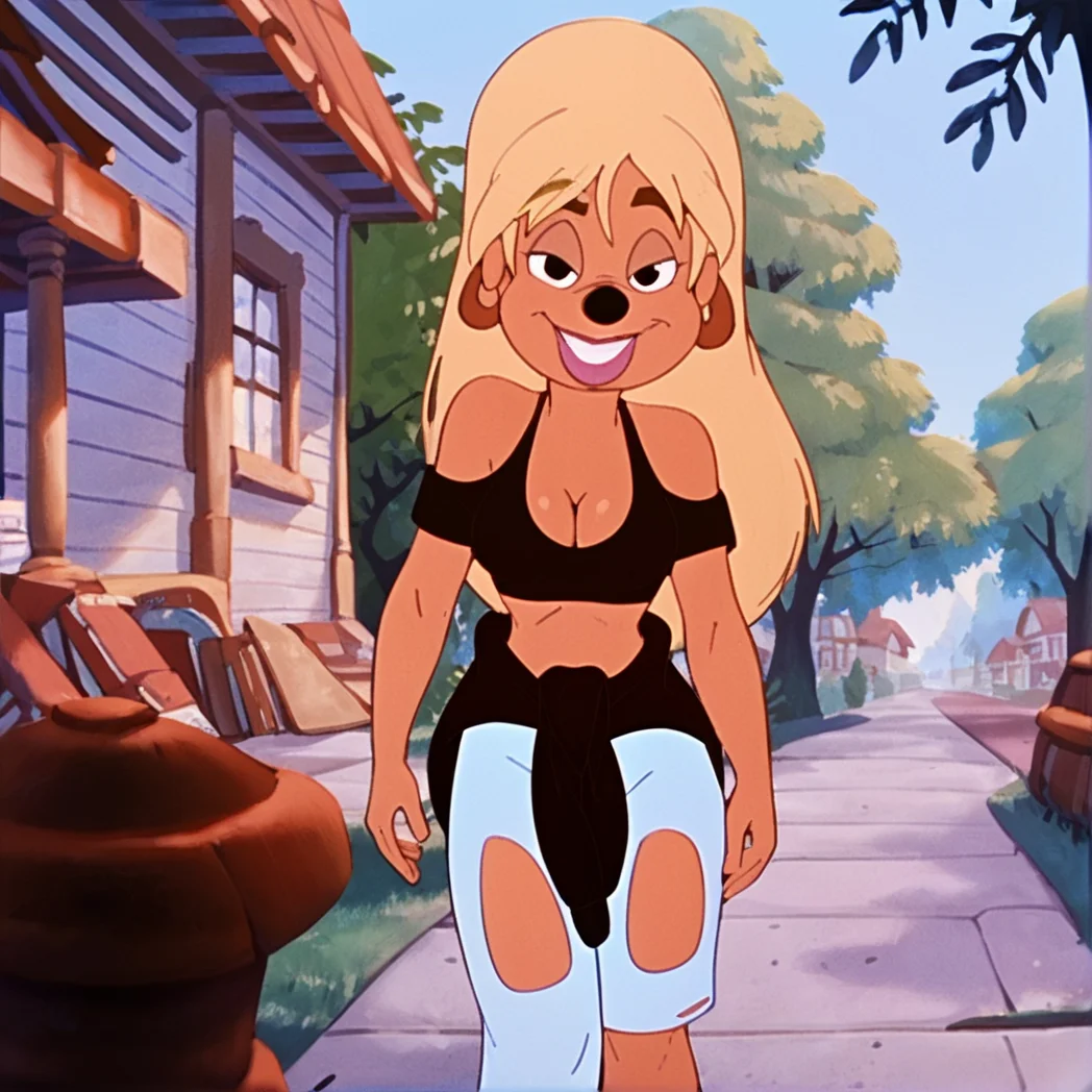 score_9, score_8_up, score_7_up, score_6_up, score_5_up, score_4_up, BREAK, <lora:lisagoofymovie:1>, lisagoofymovie, 1girl, blonde hair, furry female, animal nose, long hair, lips, dog ears, tan skin, crop top, torn jeans, cleavage, outside, town, looking at viewer, clothes around waist, smile, parted lips,