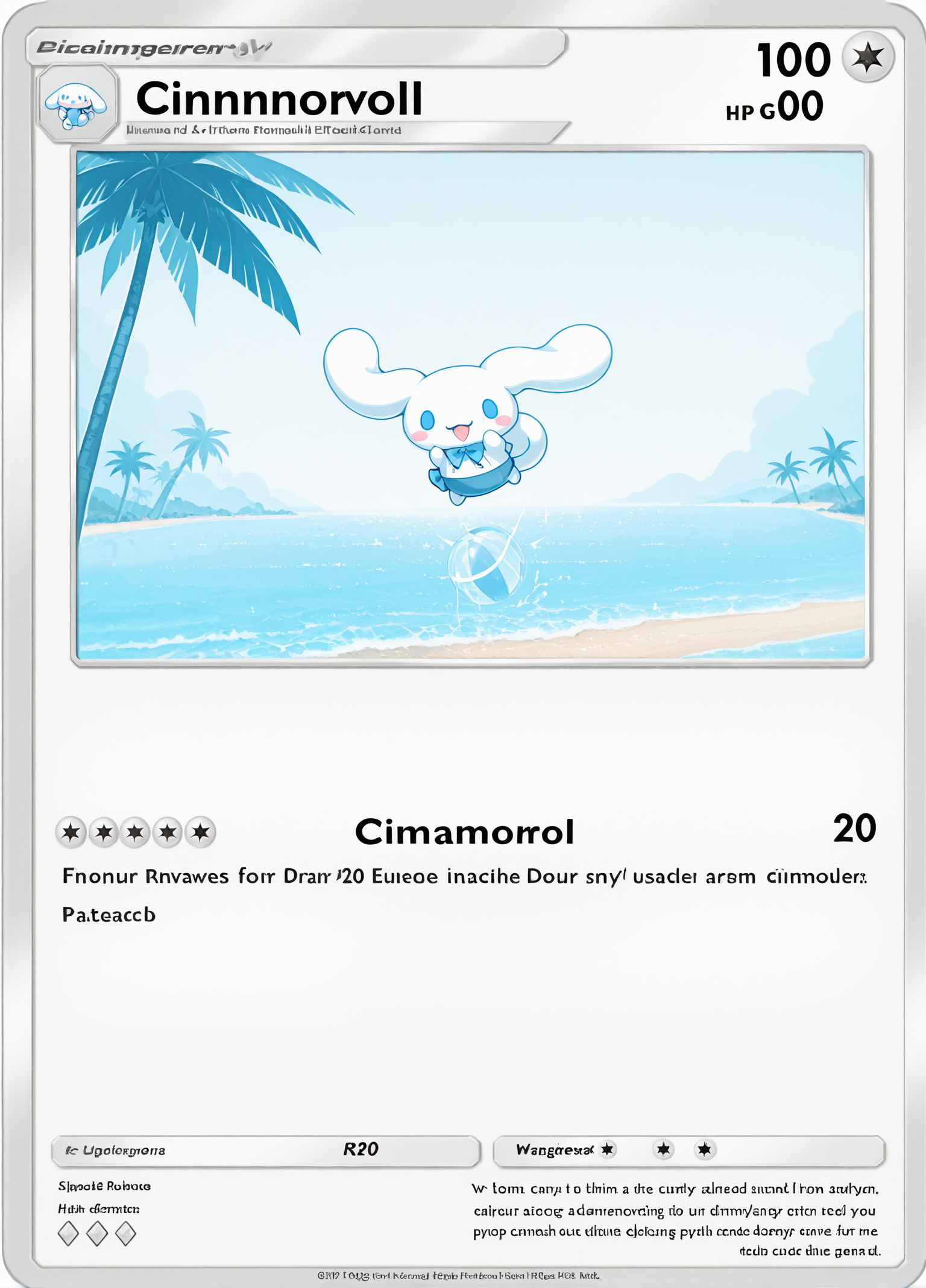 (Cinnamoroll:1.05), hand wave, outdoors, excited, (palm tree, beach:0.95), white blue theme, looking at viewer, full body, beachball, jumping,  
character name, text, english text, fake screenshot, official style, 
copyright name, watermark, artist name,  copyright notice, watermark,
shiny border
card (medium), original tcgpocket,
from side, 
rating safe, eitmksg, 
masterpiece, best quality, amazing quality, <lora:Cinnamoroll-10:1.0> <lora:eitmksg:1.0> <lora:tcg_pocket_resized:1.0>