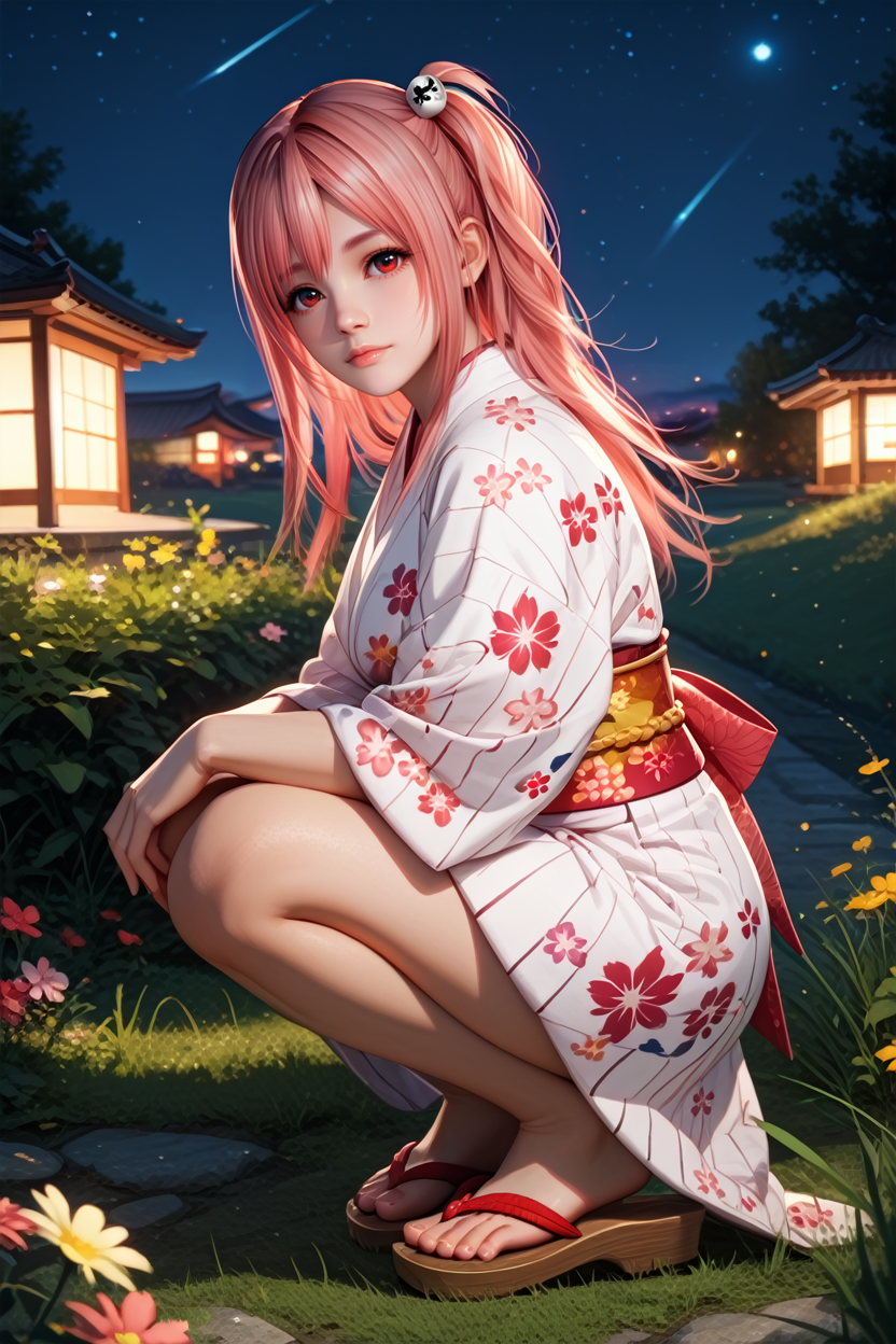 score_9, score_8_up, score_7_up,
<lora:DOAHonoka:0.8>
DOAHonoka, 1girl, pink hair, red eyes, long hair, one side up, looking at viewer, night, grass, squatting, yukata, japanese clothes, floral print, obi, from side, looking at viewer, sandals, star \(sky\)