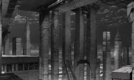 vast scenery, empty, city ruins, cables, tubes, clouds, smoke, megastructures, dystopian minimalistic buildings, (best quality:1.3), monochrome, grayscale, <lora:blame5:1>, g-pen sketches, rough outline, detailed shadow