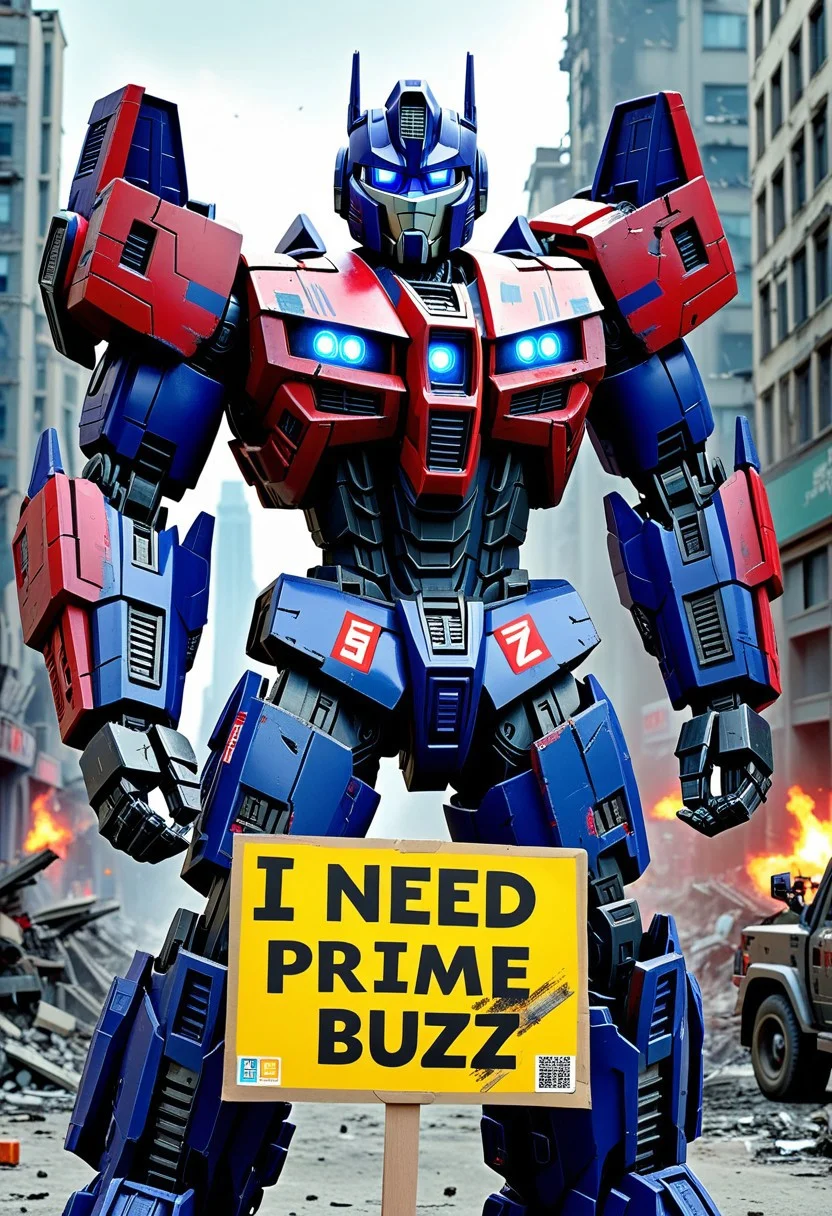PERFECT ANATOMY, HIGH QUALITY, ULTRA HD, PERFECT FACE, 1robot, Nemesis prime (Optimus prime) from Transformers, heavily damaged body, destroyed city background, hands holding "i need buzz" buzz sign