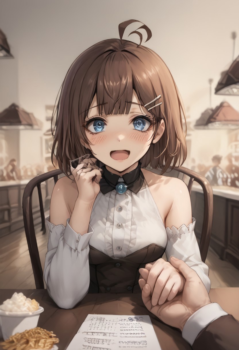 score_9,source_8, fidgeting,source_anime, Expressiveh, 1girl, 
HodLOR, short hair, blue eyes, brown hair,  bangs, white hairclip, ahoge, hime cut, medium breasts, hourglass figure, short, petite, tight fitting clothes, blushing, pov, pov date, across table pov, food on table, dessert,sitting,(looking at viewer), flushed, happy, nervous,white linen dress, exposed shoulders, in cafe, sitting on a chair, chair, viewed from,cafe date, across table, sneaking a look,open mouth, surprise, body towards viewer,holding hands, solo focus, pov hands, out of frame