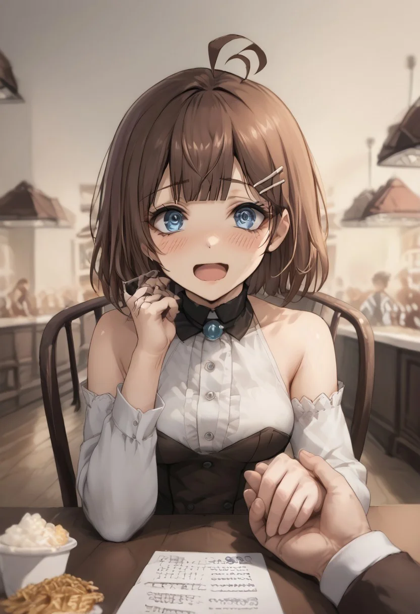 score_9,source_8, fidgeting,source_anime, Expressiveh, 1girl,
HodLOR, short hair, blue eyes, brown hair, bangs, white hairclip, ahoge, hime cut, medium breasts, hourglass figure, short, petite, tight fitting clothes, blushing, pov, pov date, across table pov, food on table, dessert,sitting,(looking at viewer), flushed, happy, nervous,white linen dress, exposed shoulders, in cafe, sitting on a chair, chair, viewed from,cafe date, across table, sneaking a look,open mouth, surprise, body towards viewer,holding hands, solo focus, pov hands, out of frame