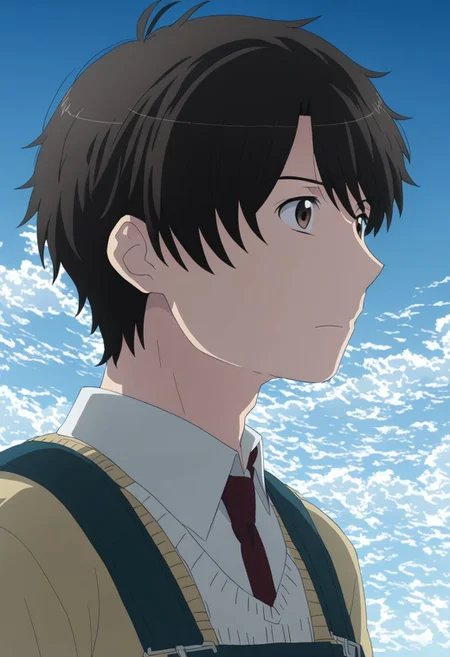 high resolution, solo, best quality, 1Boy, Inaho Kaizuka, Black Hair, Brown Eyes, existential longing, infinite sky, OverallDetail