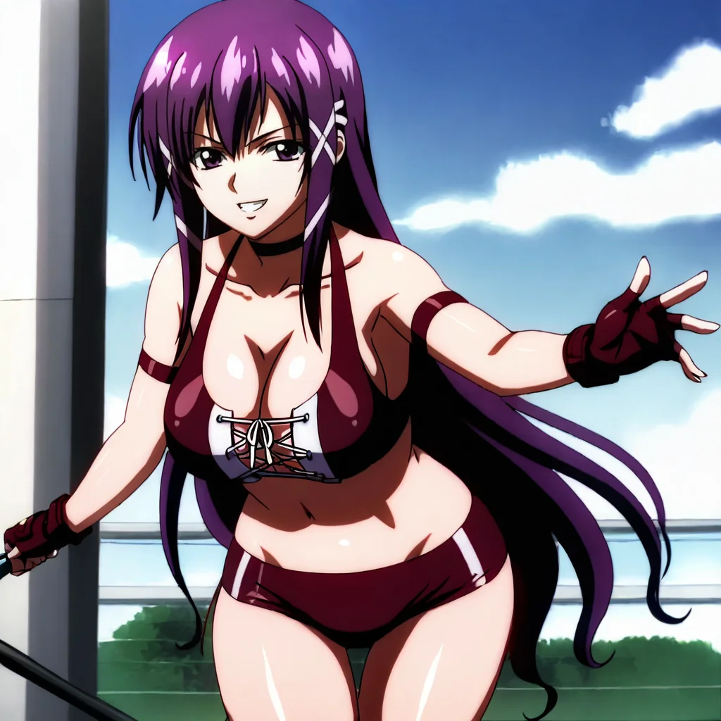 <lora:Mikako_pony_v1:.8>MikakoWrestler, 1girl, purple hair, large breasts, fingerless gloves, purple eyes, cleavage, hair ornament, cowboy shot