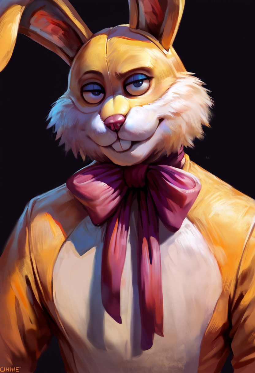 score_9, score_8_up, score_7_up, (luckytherabbit), source_furry, close-up, solo, (yellow fur, rabbit costume), (masterpiece, best quality:1.2), (perfect hands, perfect anatomy), (detailed face, detailed body), detailed background, purple bow, black eyes, beautiful eyes, male, correct eyes, solo, black background, concept art, realistic