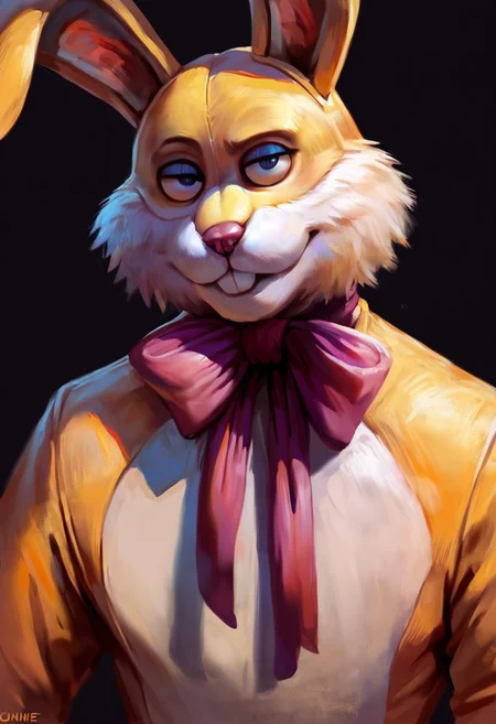 score_9, score_8_up, score_7_up, (luckytherabbit), source_furry, close-up, solo, (yellow fur, rabbit costume), (masterpiece, best quality:1.2), (perfect hands, perfect anatomy), (detailed face, detailed body), detailed background, purple bow, black eyes, beautiful eyes, male, correct eyes, solo, black background, concept art, realistic