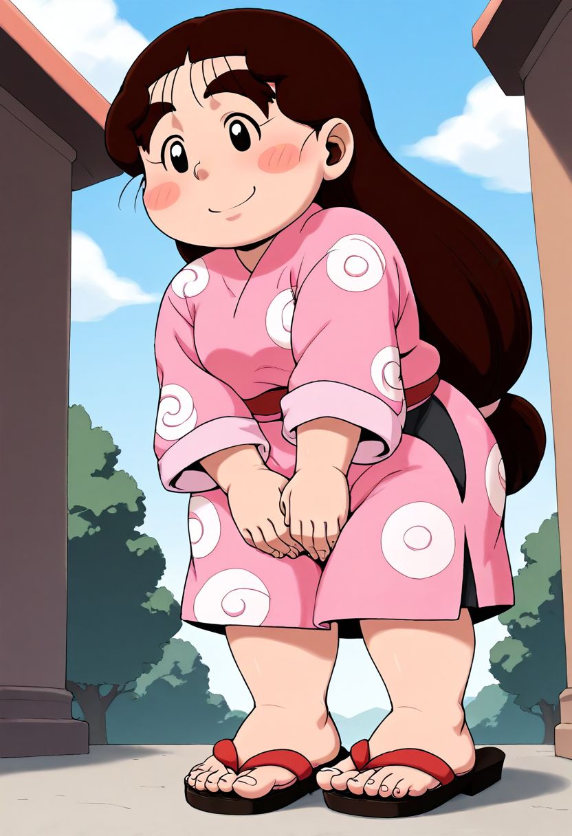 <lora:sdxl_lightning_8step_lora:1> <lora:Fixhands_anime_bdsqlsz_V1:1>score_9, score_8_up, score_7_up, best quality, source_anime, intricate details, high quality, perfect anatomy BREAK
1girl, ookawashige, plump, brown hair, long hair, thick eyebrows, black eyes, blush stickers, pink kimono, sandals,
from below, hands between legs, Curious, Chin tilted up slightly, eyes wide open, and a slight smile., outdoors, 
<lora:ookawashige_XL(pony)fix:0.9>