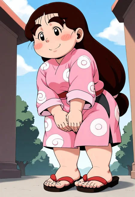 <lora:sdxl_lightning_8step_lora:1> <lora:Fixhands_anime_bdsqlsz_V1:1>score_9, score_8_up, score_7_up, best quality, source_anime, intricate details, high quality, perfect anatomy BREAK
1girl, ookawashige, plump, brown hair, long hair, thick eyebrows, black eyes, blush stickers, pink kimono, sandals,
from below, hands between legs, Curious, Chin tilted up slightly, eyes wide open, and a slight smile., outdoors,
<lora:ookawashige_XL(pony)fix:0.9>