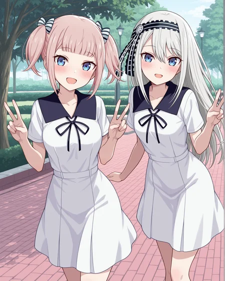 masterpiece, best quality, 2girls, fujiwara_moeha, shirogane kei, shuuchiin_academy_white_uniform, blue eyes, pink hair, white hair, short hair, long hair, blunt bangs, hair between eyes, hairband, twintails, open mouth, smile, blush, hair bow, ribbon, breasts, <lora:Fujiwara_Moeha_Kaguya-sama_Love_Is_War_Illustrious:1>, outdoors, standing, park, looking at viewer, short sleeves, double peace sign, stripped hair bow,