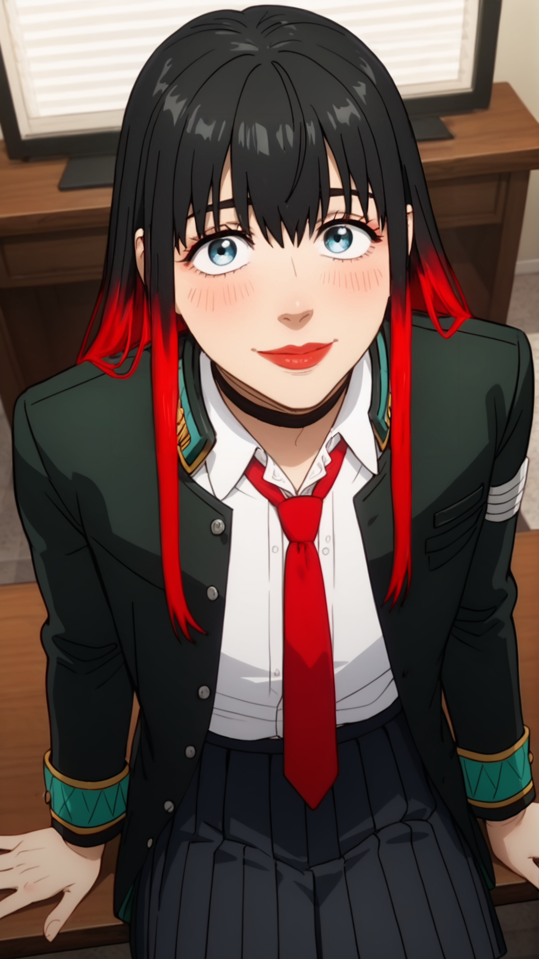 score_9, score_8_up, score_7_up, score_6_up, masterpiece, high quality
, eyes at viewer, looking at viewer, smile,
office background, alone
mouth closed,
posing, bends over to table, sitting on table, legs together, angle, from above, close up
black jacket, red necktie, white shirt, uniform, black pleated skirt, black choker,
long hair, multicoloured hair, black hair, gradient hair, red hair,blue eyes, bangs, red lips, makeup, two-tone hair <lora:Tsubaki_wb-000008:0.8>
<lora:incase-ilff-v3-4:0.4> , <lora:Expressive_H:0.7> <lora:add-detail-xl:1.1> <lora:officialpit_v2-8:0.3> <lora:DevilHSLycoXL:0.4>
