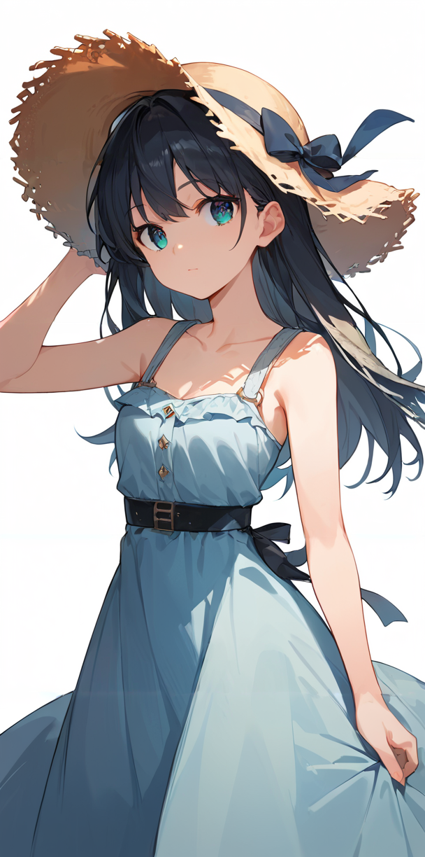 score_9, score_8_up, score_7_up,source_anime, high res image,masterpiece,best quality,girl,cute face,clear skin,shiny hair,ultra detailed eyes,simple background ,   <lora:straw hat_pony_V1.0:0.8> straw hat, hat ribbon,dress