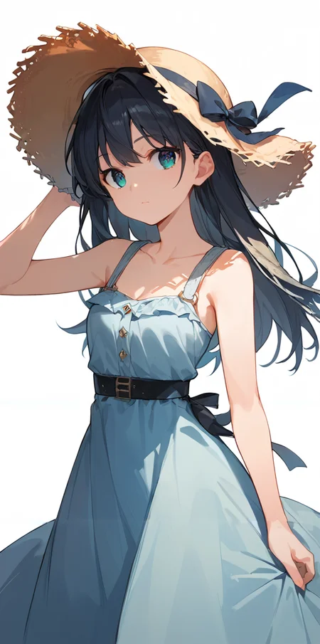 score_9, score_8_up, score_7_up,source_anime, high res image,masterpiece,best quality,girl,cute face,clear skin,shiny hair,ultra detailed eyes,simple background ,   <lora:straw hat_pony_V1.0:0.8> straw hat, hat ribbon,dress