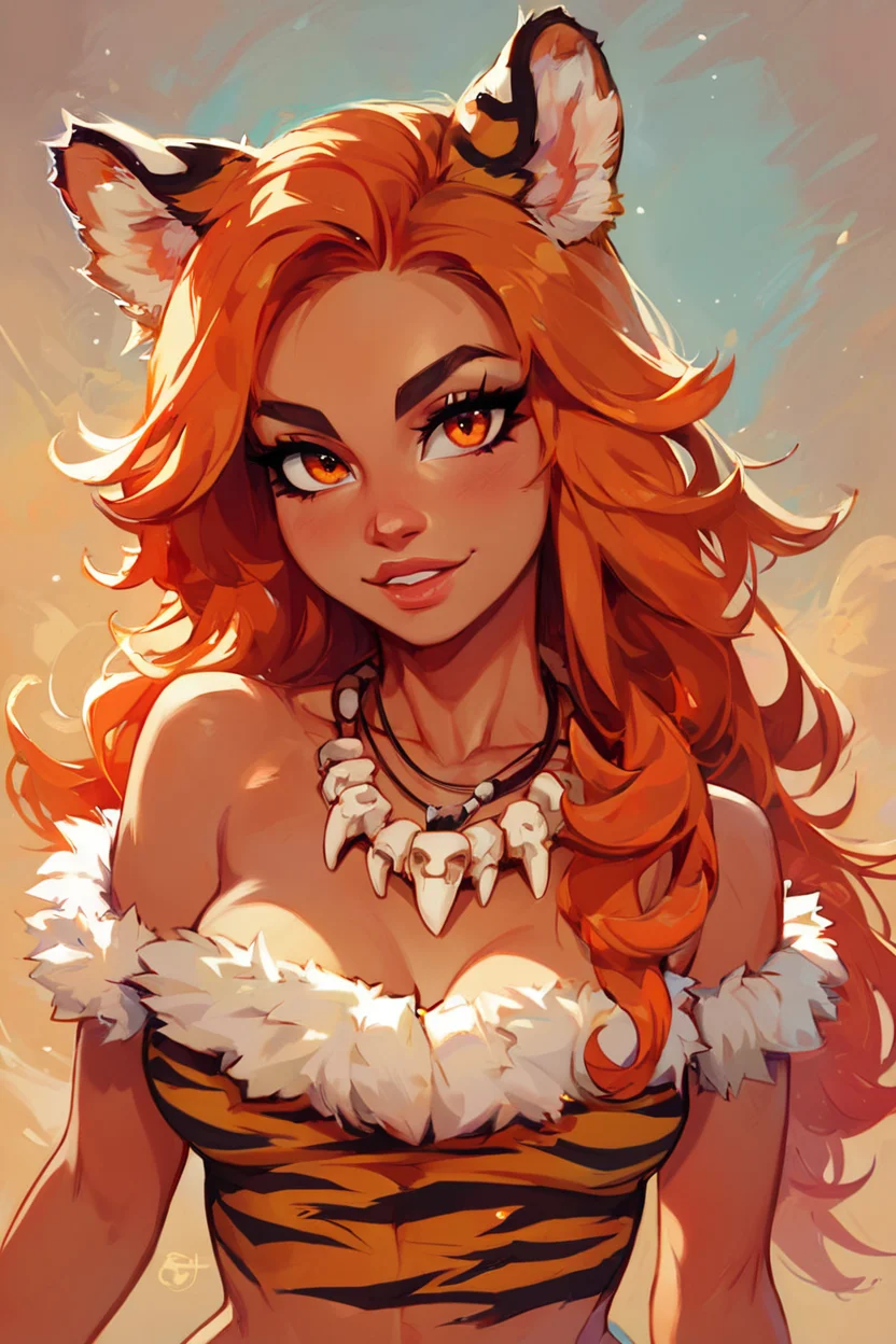 score_9, score_8_up, score_8, medium breasts,  (curvy), cute, eyelashes,    zzSavage, 1girl, solo, long hair, looking at viewer, animal ears, jewelry, collarbone, upper body, necklace, orange hair, bracelet, lips, orange eyes, fur trim, animal print, tiger ears, tiger print, tooth necklace,    bone necklace, tribal, solo, looking at viewer, cowboy shot,     <lora:Savage_P1:0.8>,