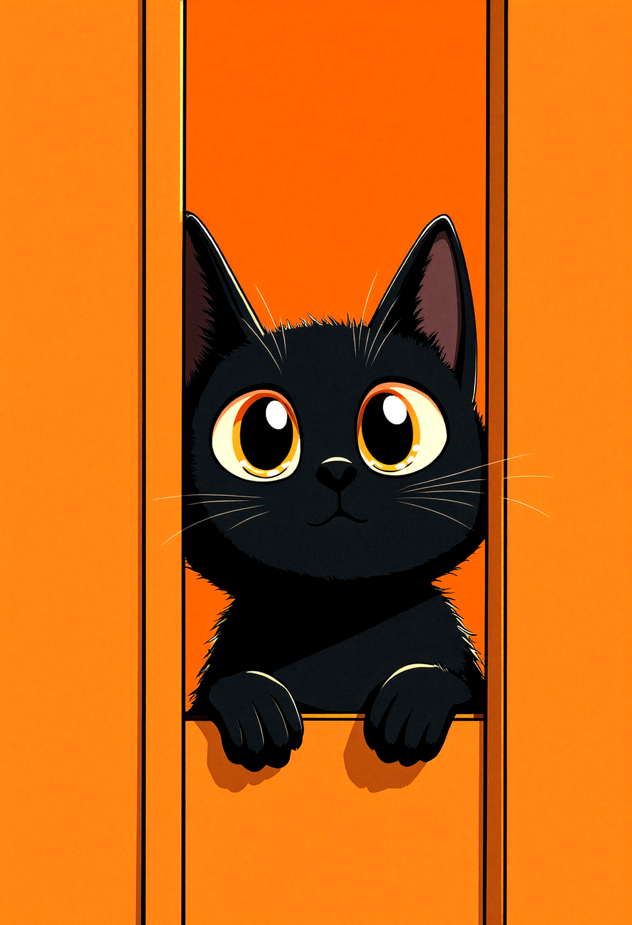 A minimalistic illustration of a curious black cat peeking from behind an orange door, its wide amber eyes glowing with playful curiosity. The composition is clean and modern, with bold black ink outlines and subtle shading. The orange background adds warmth and contrast to the sleek black fur of the cat, creating an endearing and stylish design.