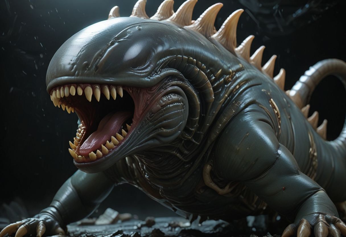 cinematic, xenomorph chonkasaurus, black, dark, scifi, slimey, raytracing, HD, 4k, floating energy, night, dark, (energy effects:1.3), <lora:chonkasaurus-000003:1>, <lora:add-detail-xl:2>