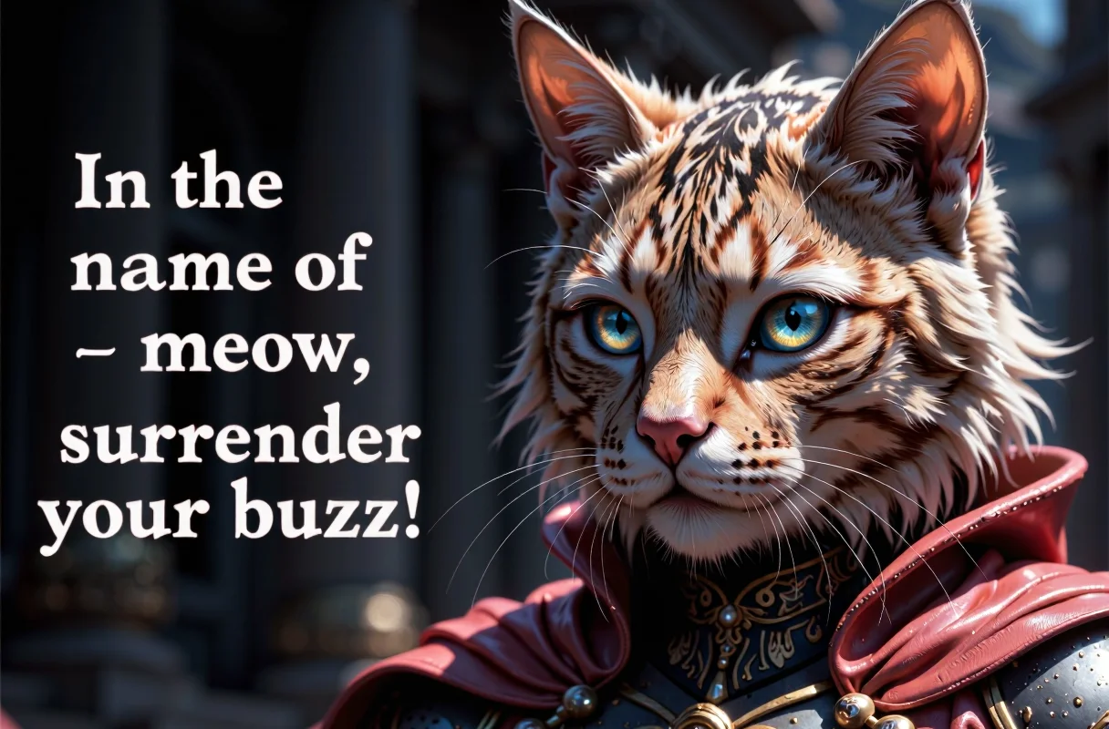 A royal knight with a cat's head looking straight. Text at left: In the name of meow, surrender your buzz!