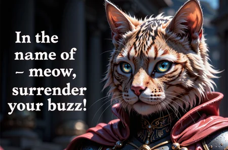 A royal knight with a cat's head looking straight. Text at left: In the name of meow, surrender your buzz!