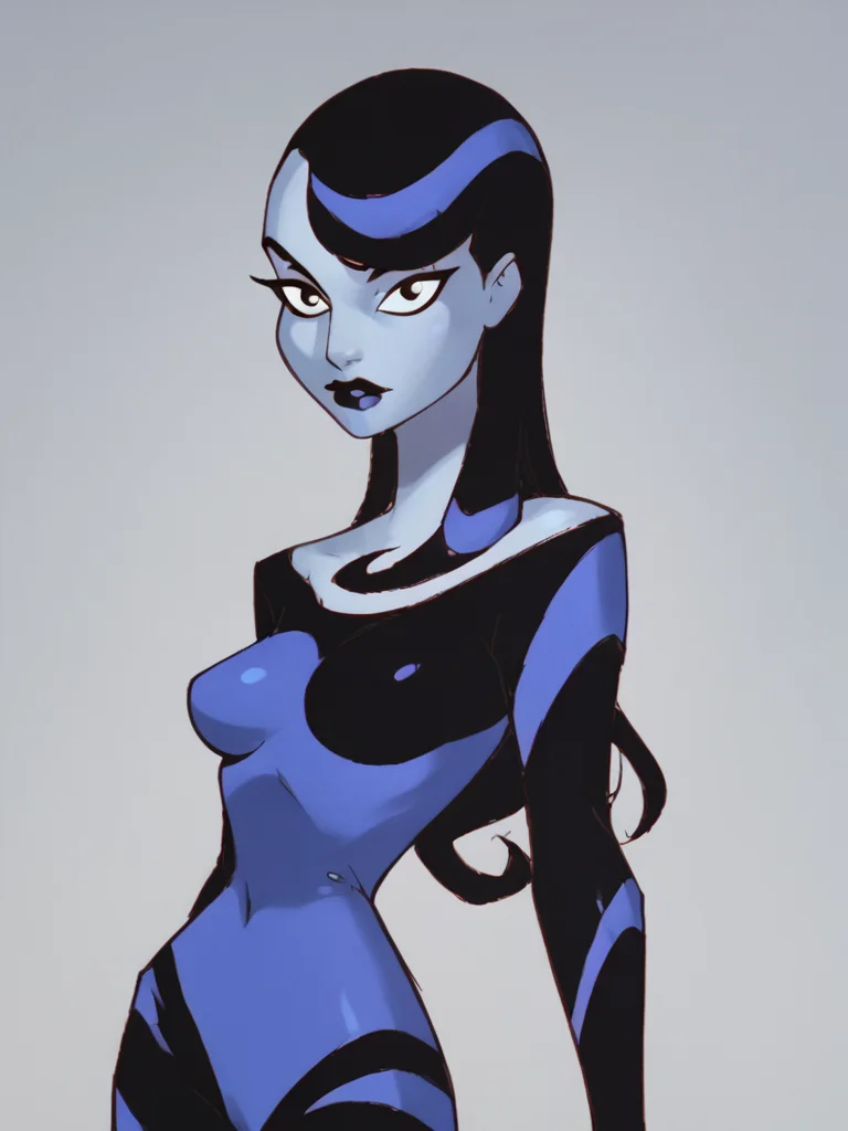 <lora:InquePony1.0:1> inque, bodysuit, 1girl, female focus, black hair, black lips, long hair, grey skin, multicolored hair, black eyes, breasts, looking at viewer, score_9, score_8_up, score_7_up, score_6_up, score_5_up, score_4_up