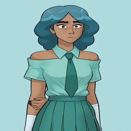 score_9, score_8_up, score_7_up, relatedguy, bust shot, solo, bare shoulders, CHMermista, simple background, one colour background, light blue background, Guilty, Downcast eyes, slumped shoulders, and a slightly ashamed expression, School Uniform, Green Tie, Green Collar Shirt, Skirt, Pleated Skirt, Short Sleeves, Long Socks,