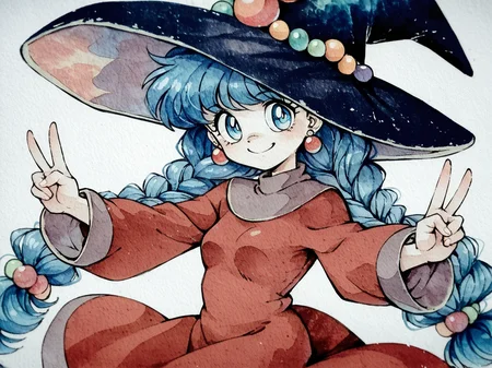 score_9, score_8_up, score_7_up, score_6_up, score_5_up, score_4_up, source_anime, traditional media, <lora:ZB_Watercolorv1:0.6> Watercolor, <lora:lufia_pony:1> lufia, very long hair, jewelry, earrings, Dark Red hat, witch hat, witch, blue eyes, blue hair, Dark Red dress, small breasts, bangs, twin braids, long sleeves, double v, smile <lora:Ippongi_Ban_Artist_Style_PonyXL:0.8>