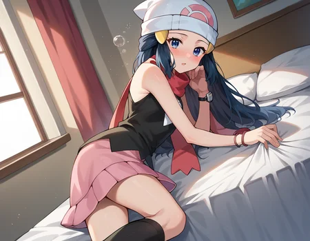 score_9, score_8_up, score_7_up, source_anime,
pokemondawn, <lora:pokemon-dawn-ponyxl-lora-nochekaiser:1>
pokemon dawn, black hair, blue eyes, sidelocks, long hair,
bare shoulders, beanie, black shirt, black socks, bracelet, hat, jewelry, kneehighs, miniskirt, pink skirt, red scarf, scarf, shirt, skirt, sleeveless, sleeveless shirt, white headwear,
indoors, bed, bed room, on side, blush, drunk,
looking at viewer, cowboy shot, dutch angle,
