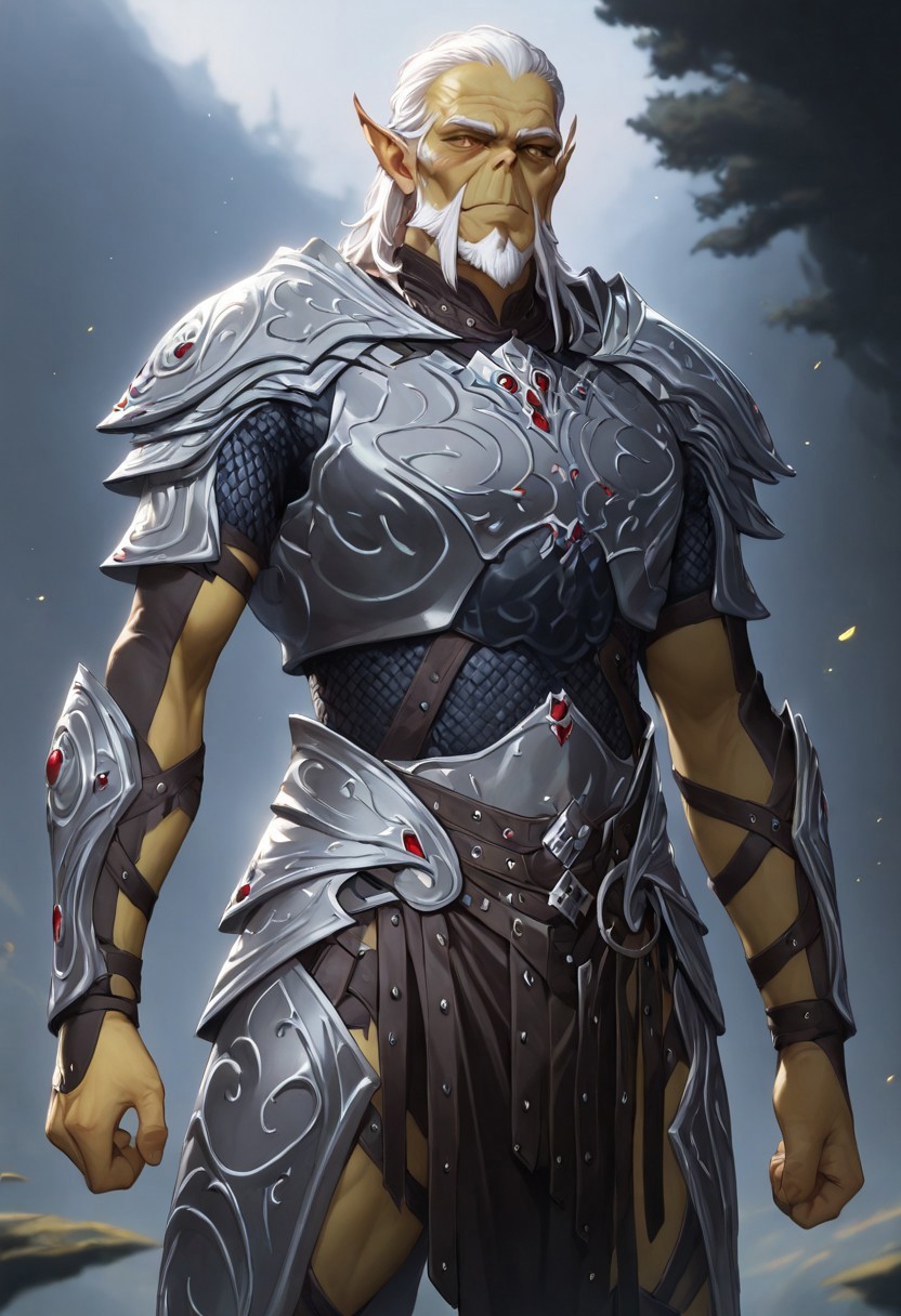 masterpiece, best quality, newest, absurdres, highres, anime, anime style, GIV1.0-IL GIV1.0-IL-SA, armor, silver armor, GIV1.0-IL, gith_(d&d), pointy ears, slit pupils, colored skin, 1boy, beard, facial hair, white hair, old, old man, wrinkly,