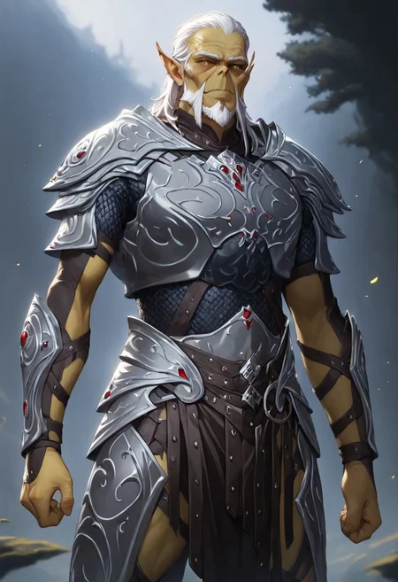masterpiece, best quality, newest, absurdres, highres, anime, anime style, GIV1.0-IL GIV1.0-IL-SA, armor, silver armor, GIV1.0-IL, gith_(d&d), pointy ears, slit pupils, colored skin, 1boy, beard, facial hair, white hair, old, old man, wrinkly,