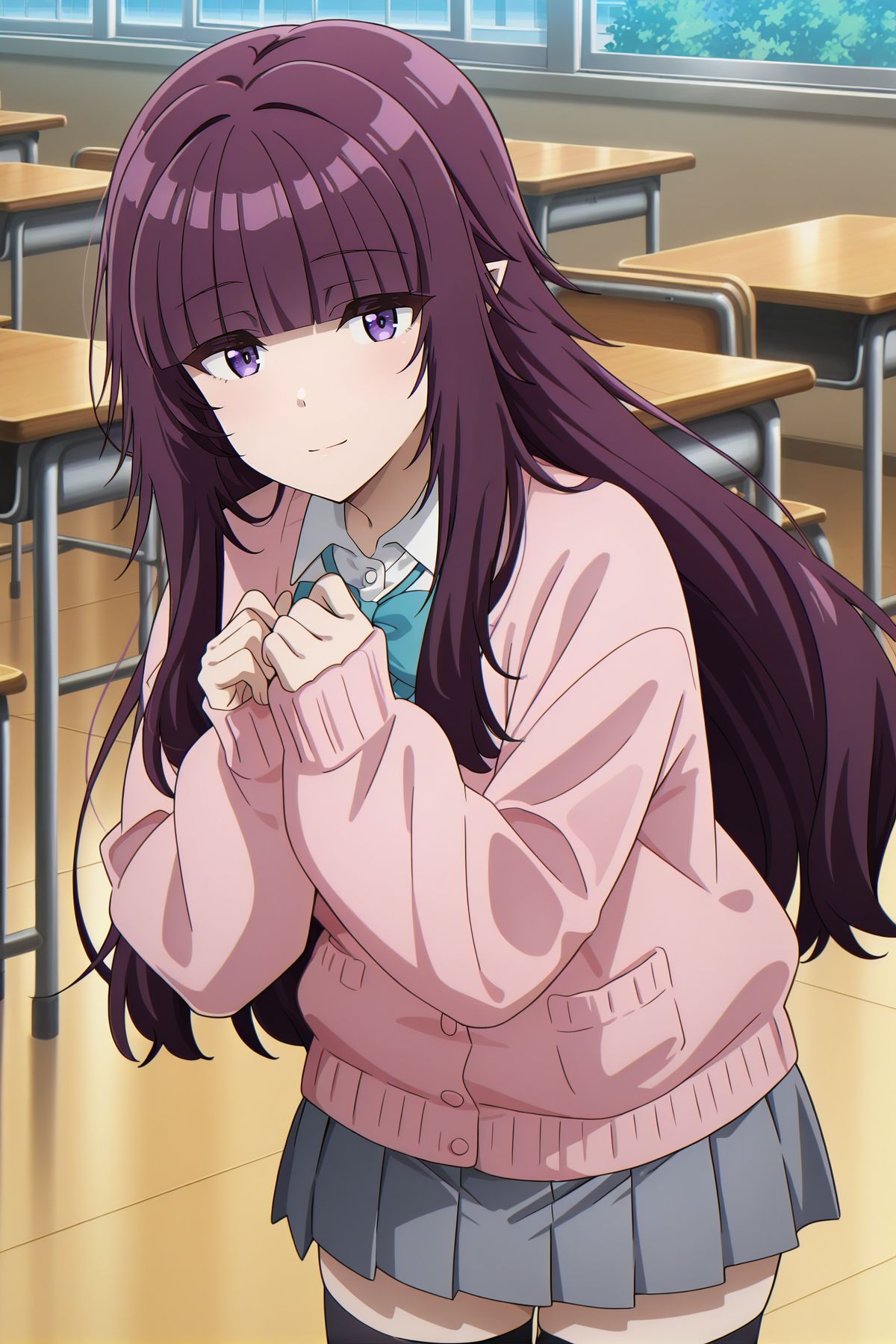 absurdres, highres, masterpiece, best quality, amazing quality, official anime artwork, screencap, anime screencap, outdoors, dynamic pose,  looking at viewer, standing, classroom, 
<lora:Eta_Illustrious:1> Eta, 1girl, solo, purple eyes, purple hair, long hair, blunt bangs, sidelocks, pointy ears,, pink cardigan, long sleeves, sleeves past wrists, school uniform, collared shirt, white shirt, miniskirt, pleated skirt, grey skirt, black thighhighs, zettai ryouiki, light smile,