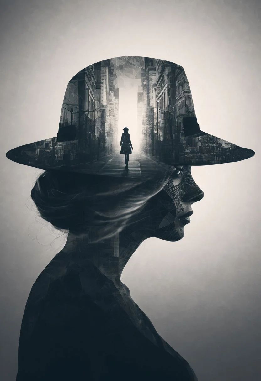 mysterious silhouette woman with hat, amazing depth, double exposure, surreal, geometric patterns, intricately detailed, bokeh, perfect balanced, deep fine borders, artistic photorealism , smooth,