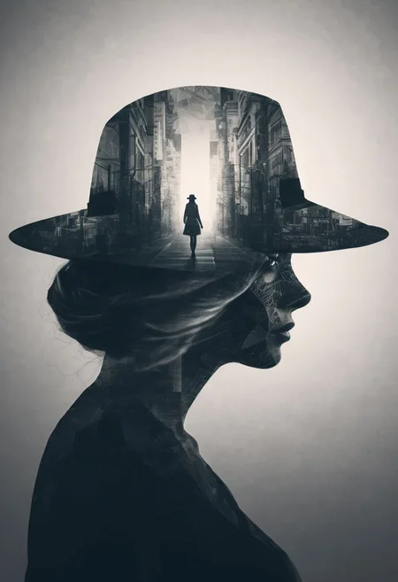 mysterious silhouette woman with hat, amazing depth, double exposure, surreal, geometric patterns, intricately detailed, bokeh,  perfect balanced, deep fine borders, artistic photorealism , smooth,