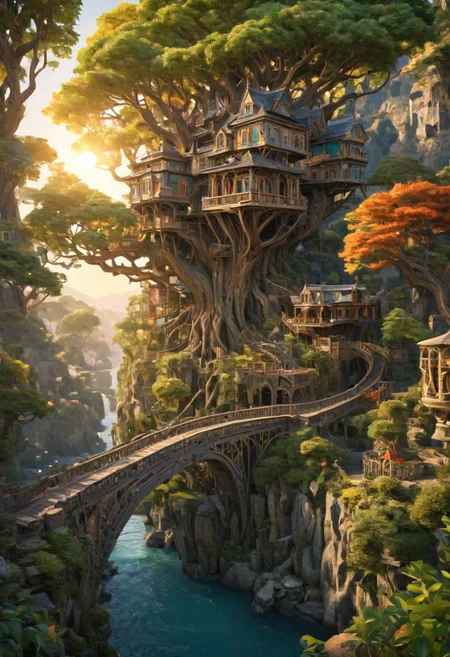 a wonderous and beautiful fantasy world with the Tree House Mansion Village, Multiple Bridges, sun, in the day, insanely detailed and intricate, hyper maximalist, elegant, hyper realistic, super detailed, vivid colours, sunrise, ornate, dynamic, articulate, 8K, <lora:3D_Framed_Wall_Art_-_By_DICE:0.6>, (Framed 3D, 3d Tree), EPIC,  Painstaking Attention To Detail, UHD