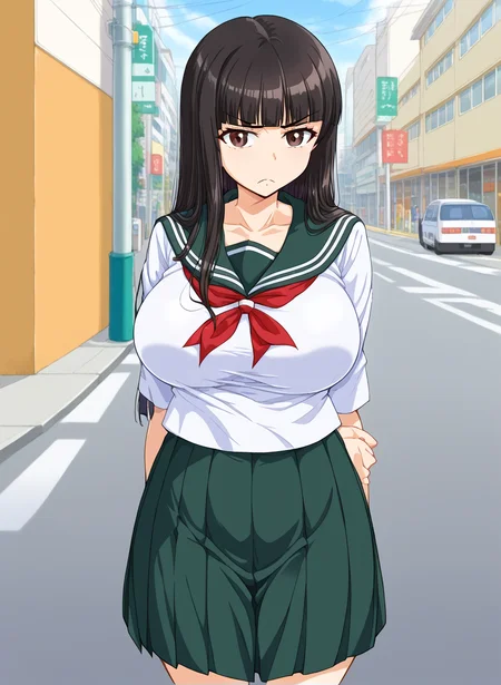 frown, full body, solo, 1girl, outdoors, street, <lora:shiho_osakakanagawa_pony:1>shiho_osakakanagawa, breasts, long hair, large breasts, black hair, bangs, blunt bangs, brown eyes, straight hair, mature female, ooarai school uniform, serafuku, shirt, pleated skirt,