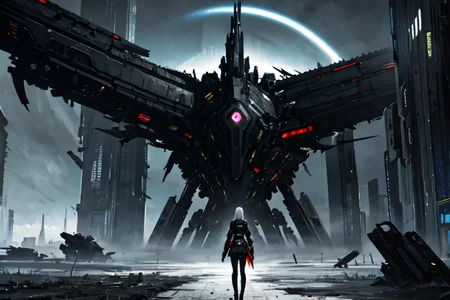 highly insanely detailed, masterpiece, top quality, best quality, highres, 4k, 8k, RAW photo, (very aesthetic, beautiful and aesthetic),
tsutomu nihei,nihei_tsutomu,blame!,blame gakuen!,abara,TNstyle,sidonia_no_kishi,mist,foggy,toha heavy industries,drainpipe,blm,flock,open space,dystopia,destroyed,decrepit,futuristic,empty,dark background,vast scenery,perspective,science fiction,cyberpunk,no human,
<lora:blameLora_v10:0.3>,
(1girl:1.3),
solo focus,
art nouveau architecture,a colorful background,(rainbow background),âââ