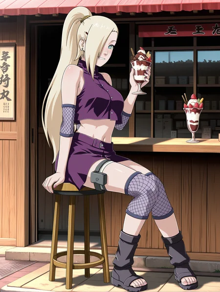1girl, ino yamanaka, naruto shippuuden, alternate costume, red hairclip, ponytail, hair over one eye, earring, blush, smile, cute face, clear skin, shiny hair, beautiful face, manicured nails, purple high-collared blouse, mesh arm warmers, midriff, navel, purple miniskirt, mesh leg warmers, (bandages, thigh holster:1.1), sandals, shop, overhang, ice scream, sundae, sitting at stool, candid shot, outdoors, day, <lora:ino_yamanaka_ixl_rc1-000006:1>, masterpiece,best quality,amazing quality,