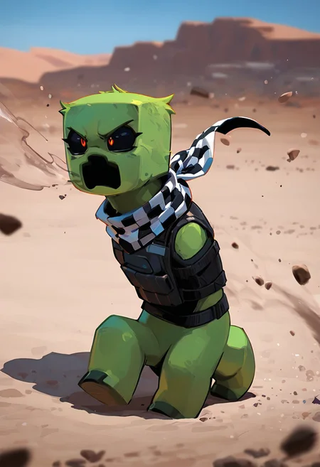 masterpiece, best quality, amazing quality, very aesthetic, absurdres, newest, , detailed background,
movie scene, cinematic scene, cinematic, foreground blur, depth of field,
crpr, no humans, full body, pokemon (creature), open mouth, black sclera, black mouth, green skin
bulletproof vest, checkered scarf, blowing in the wind, angry, desert, scarf flowing in the wind