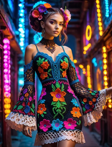 (Cyberpunk style:1.5), neon lights, vibrant colors, high contrast, futuristic elements, young woman in a bohemian-style crochet dress, Cybernetics embedded, colorful floral embroidery, voluminous bell sleeves, detailed lace bodice, flattering neckline, cyberpunk architecture, elegantly styled hair, dynamic lighting, atmospheric, (urban:1.3)