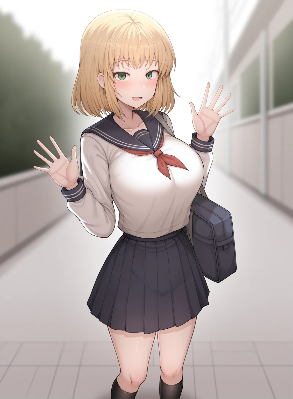 masterpiece,best quality,amazing quality,, outdoors, depth of field,blurry background,school,<lora:kaya-illustXL-010-000008:1>, girlkaya, blonde hair,medium hair,green eyes, waving,large breasts, school uniform, serafuku, black socks, school bag, solo