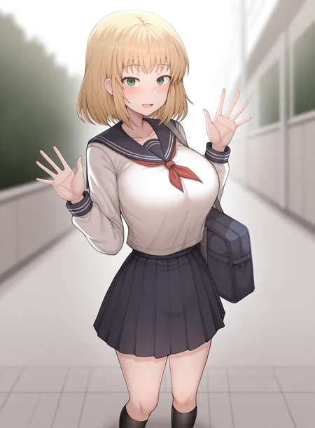 masterpiece,best quality,amazing quality,, outdoors, depth of field,blurry background,school,<lora:kaya-illustXL-010-000008:1>, girlkaya, blonde hair,medium hair,green eyes, waving,large breasts, school uniform, serafuku, black socks, school bag, solo