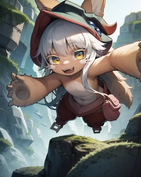 masterpiece, best quality, ultra-detailed, illustration, epic lighting, cinematic composition, anime, 2d, 1girl, (furry, furry female, fluffy:1.2), cute, flat chest, long gray hair, animal ears, solo, happy, open mouth, smile, :3, fangs, nanachipants, nanachihat, looking at viewer, underground, cave, cliff, grass, rocks, moss, fantasy, (8k:1.1), <lora:nanachiMadeInAbyss_charNanachi:1>