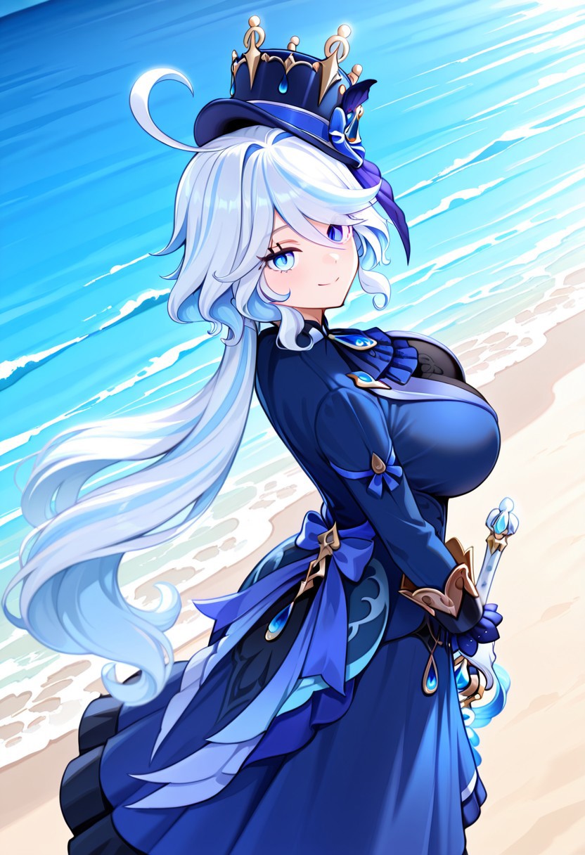 general,highres, ultra-detailed,very aesthetic,best quality ,best hands,best eyes,easynegative,
dynamic anglre, dutch angle, anime cloring,
1girl solo,looking at viewer,sea,beach,bubble,smile,sword,walking,
Furina,light blue hair,long hair,ahoge,low ponytail,blue eyes,huge breasts,hat,blue jacket,blue dress,