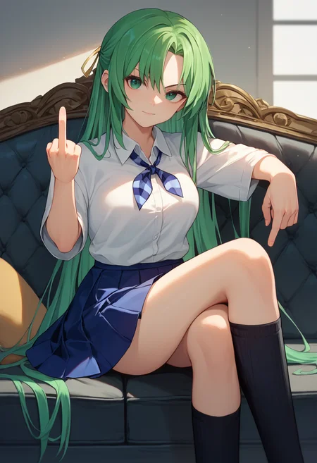 score_9, score_8_up, score_7_up, 1girl, solo, ShiiSchool, green hair, long hair, green eyes, hair ribbon, white shirt, blue necktie, pleated skirt, black knee highs, sitting, crossed legs, couch, looking at viewer, middle finger, <lora:Shion lorer 4-000007:1>
