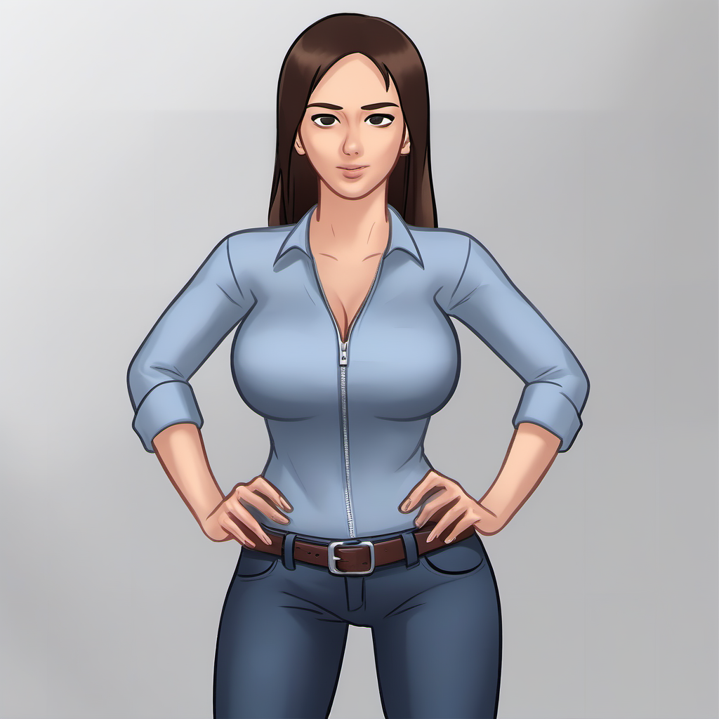 JennySS.  A woman with brown hair, Gray eyes, a fit body, standing infront of an white background, full body, looking at viewer, sexy.
(unzipped her Jeans) she wears a blue shirt, 
<lora:JennySS:1>