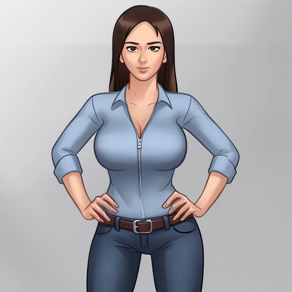 JennySS. A woman with brown hair, Gray eyes, a fit body, standing infront of an white background, full body, looking at viewer, sexy.
(unzipped her Jeans) she wears a blue shirt,
<lora:JennySS:1>
