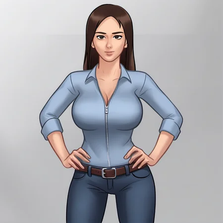 JennySS. A woman with brown hair, Gray eyes, a fit body, standing infront of an white background, full body, looking at viewer, sexy.
(unzipped her Jeans) she wears a blue shirt,
<lora:JennySS:1>