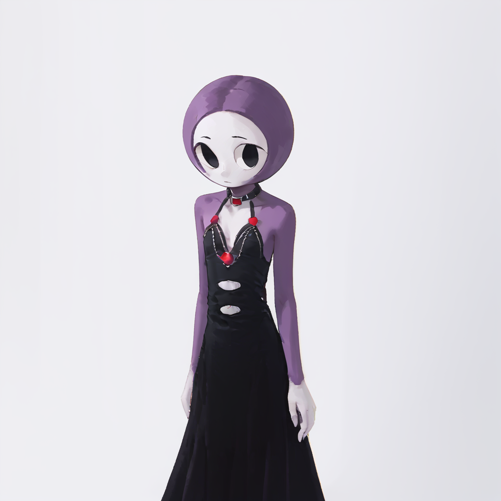 score_9, solo 
 <lora:cosmodance:1.2> cosmdance, round head, purple skin, white face, solid circle eyes, black eyes
 <lora:0v3rl0rdXLP2:0.8> 0v3rl0rd, dress, black dress, collar,